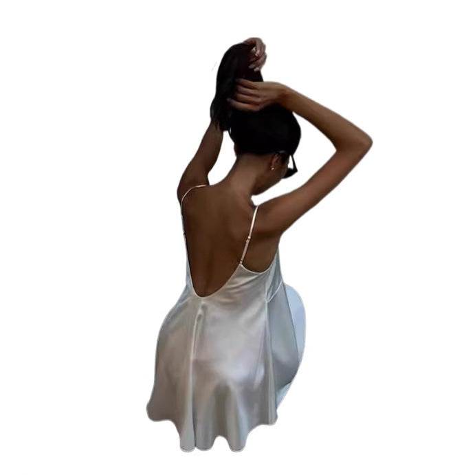 High Class Elegant V-neck Backless Solid Color Sling Dress - Velora