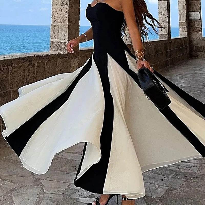 Summer New Color Contrast Patchwork Pure Desire Style Tube Top Dress - Velora
