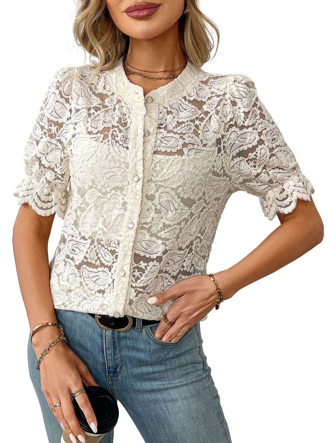 European And American Summer Lace Short Sleeve Casual Button Shirt - Velora