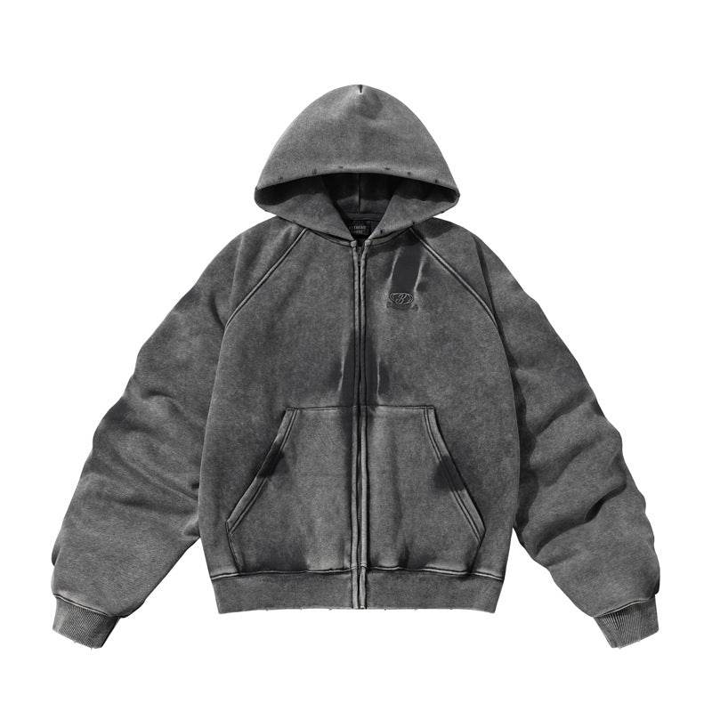 Winter American Retro Washed Distressed Hooded Fleece Lined Sweater - Velora