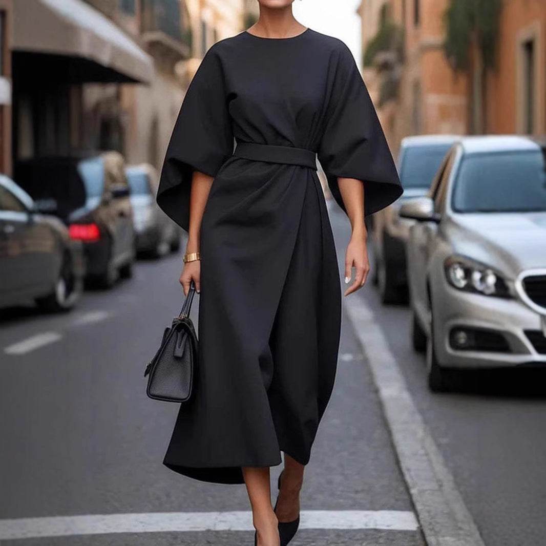 Loose Batwing Sleeve Dress Fashion Waist-tighted Solid Color Elegant Dresses For Women Clothing - Velora