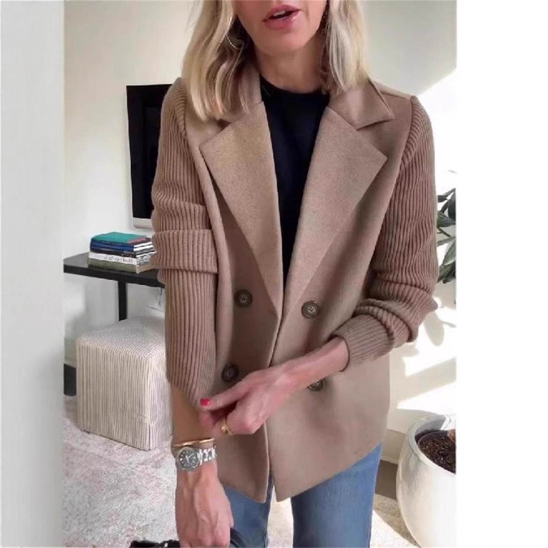 Double Breasted Lapel Jacket Fashion Knitted Sleeves Splicing Design Coat Outerwear Women's Clothing - Velora