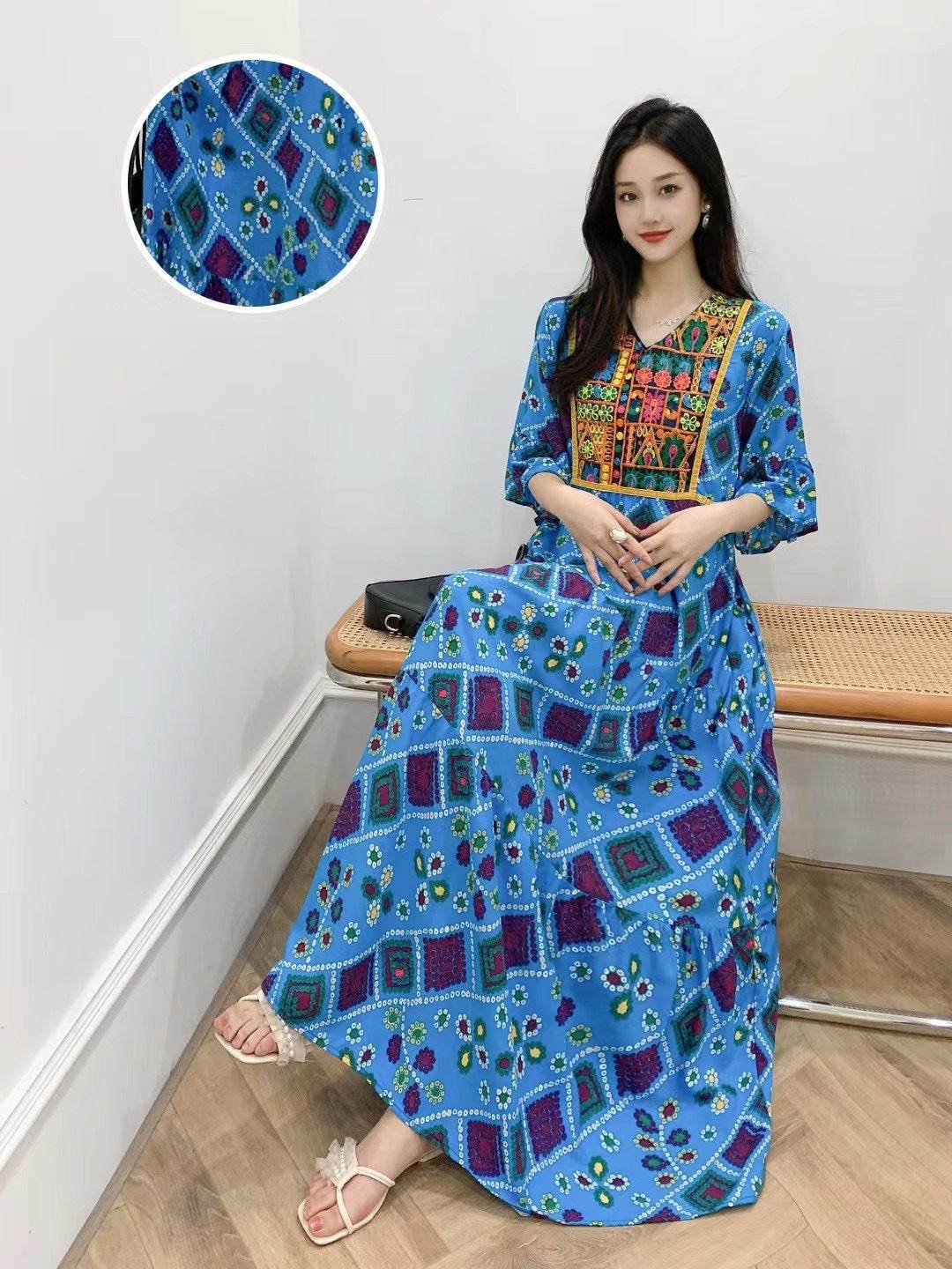 V-neck Embroidery Bell Sleeve Waist Trimming Casual Dress - Velora