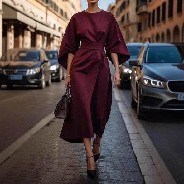 Loose Batwing Sleeve Dress Fashion Waist-tighted Solid Color Elegant Dresses For Women Clothing - Velora