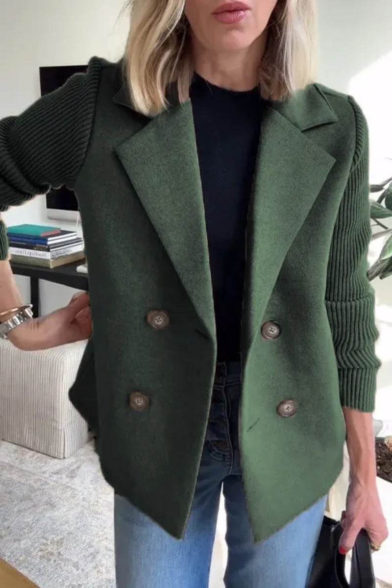 Double Breasted Lapel Jacket Fashion Knitted Sleeves Splicing Design Coat Outerwear Women's Clothing - Velora