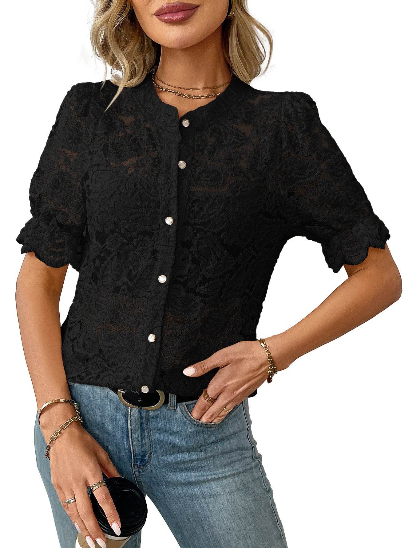 European And American Summer Lace Short Sleeve Casual Button Shirt - Velora