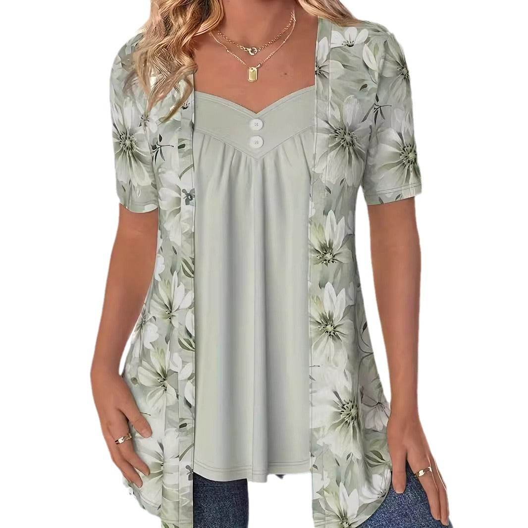 Fake Two Pieces Short Sleeve Printed Fashion Button Top - Velora
