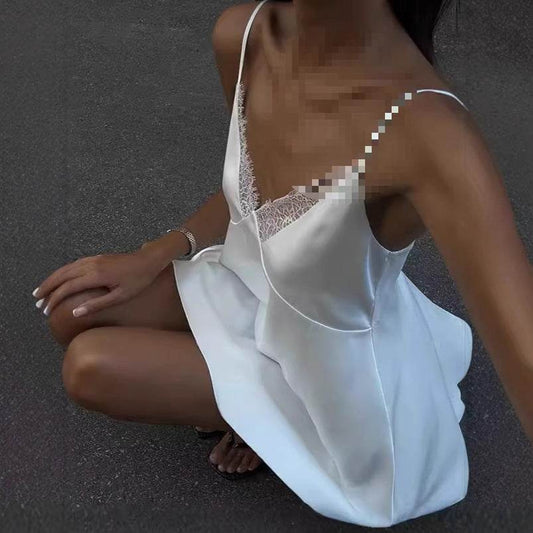 High Class Elegant V-neck Backless Solid Color Sling Dress - Velora