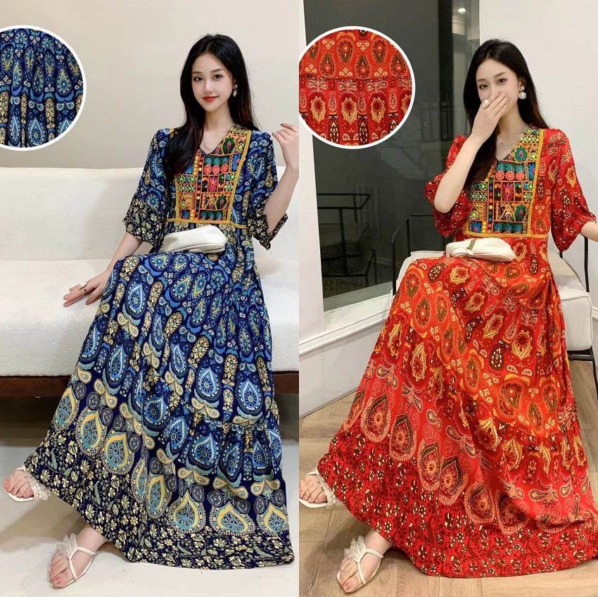 V-neck Embroidery Bell Sleeve Waist Trimming Casual Dress - Velora