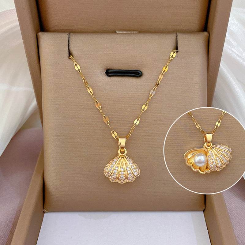 Shell Pearl Necklace With Rhinestones Female Zircon Temperament Personality Jewelry - Velora
