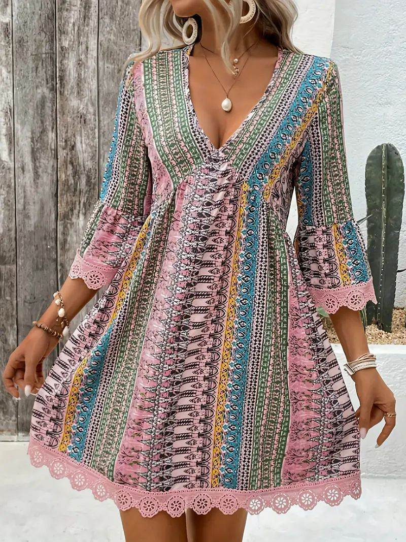 Bohemian Style V-neck Printed Dress Fashion Casual Loose Beach Dresses For Women - Velora