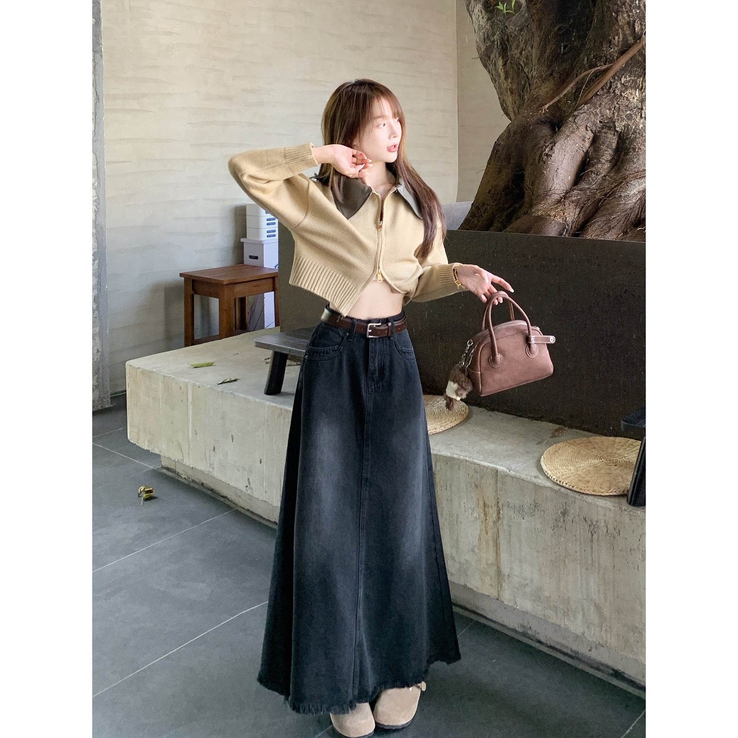 Long Denim Skirt Solid Cotton A Line Style - Velora