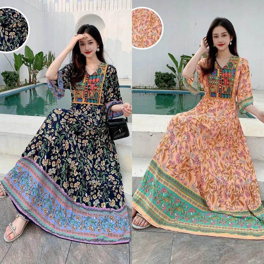 V-neck Embroidery Bell Sleeve Waist Trimming Casual Dress - Velora