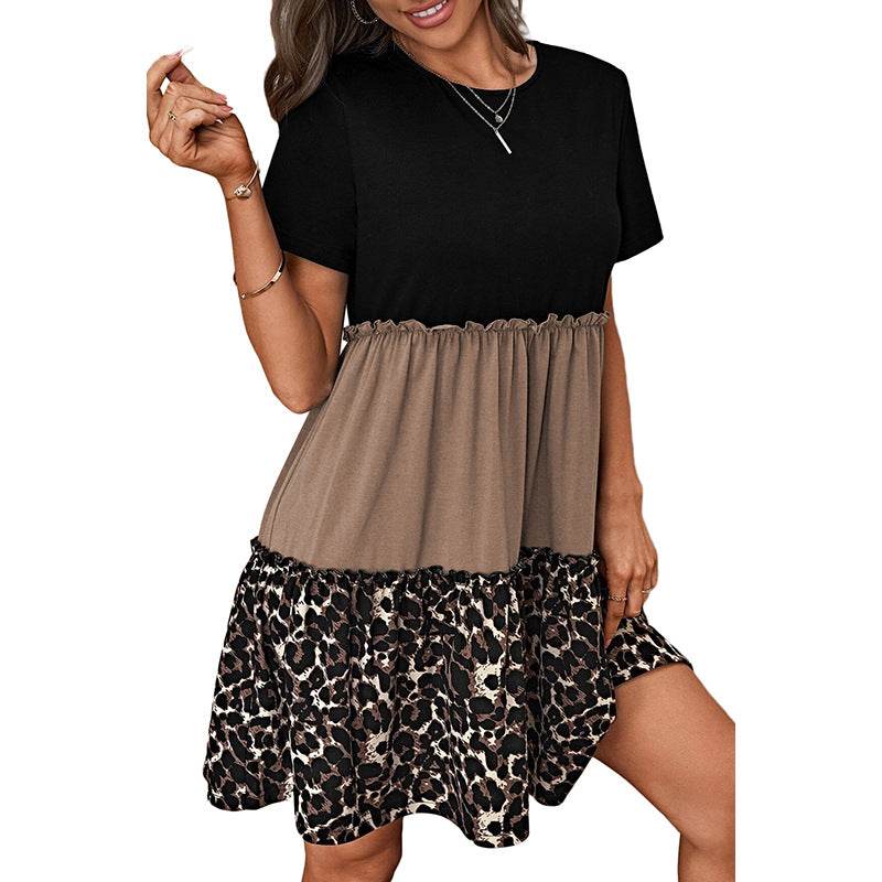 Leopard Print Contrast Stitching Short Sleeves Dress - Velora