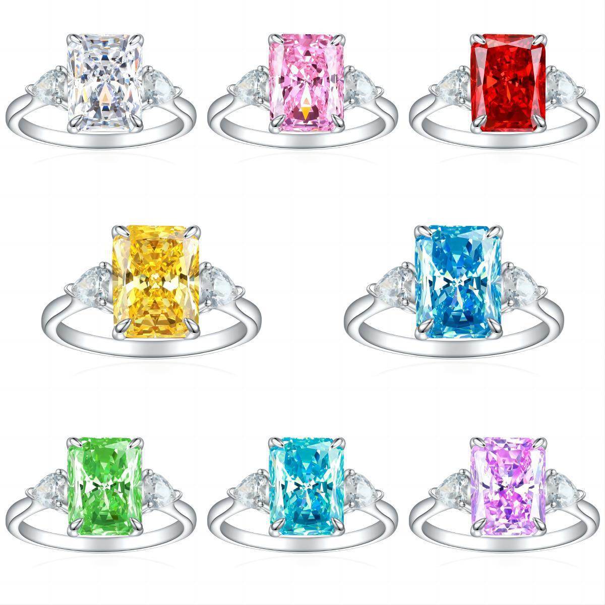 S925 Colorful Rectangular Rhinestone Ring Ins Fashion Love Rings For Women Luxury Jewelry - Velora
