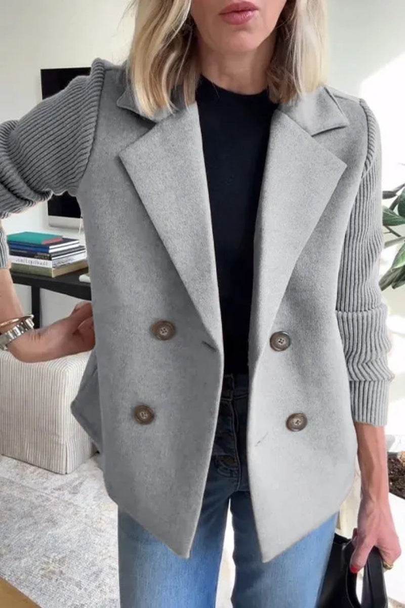 Double Breasted Lapel Jacket Fashion Knitted Sleeves Splicing Design Coat Outerwear Women's Clothing - Velora