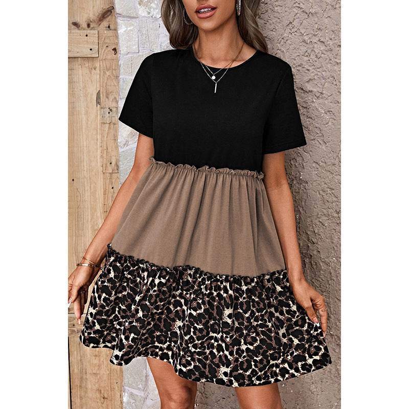 Leopard Print Contrast Stitching Short Sleeves Dress - Velora