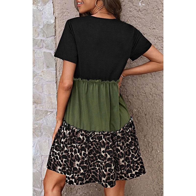 Leopard Print Contrast Stitching Short Sleeves Dress - Velora