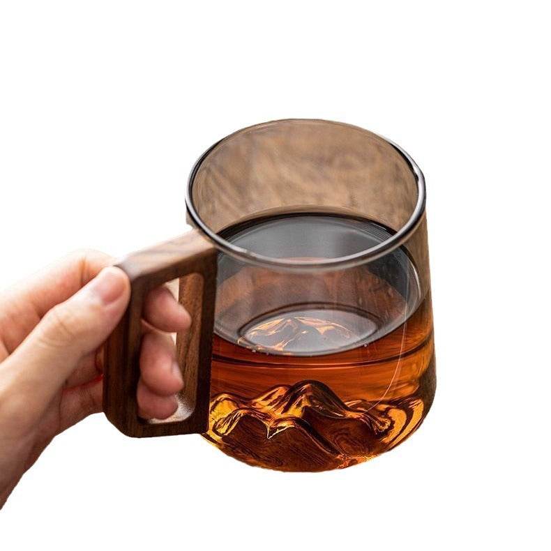 Guanshan Glass Single-layer Side Wooden Handle Drinking Cups Household Large-capacity Milk Tea Juice Single-layer Cup Kitchen Gadgets - Velora