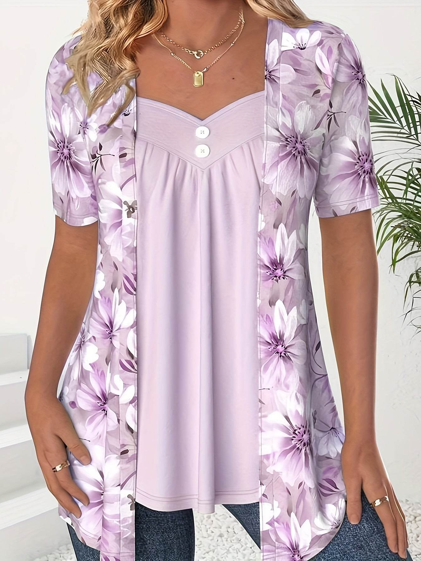 Fake Two Pieces Short Sleeve Printed Fashion Button Top - Velora