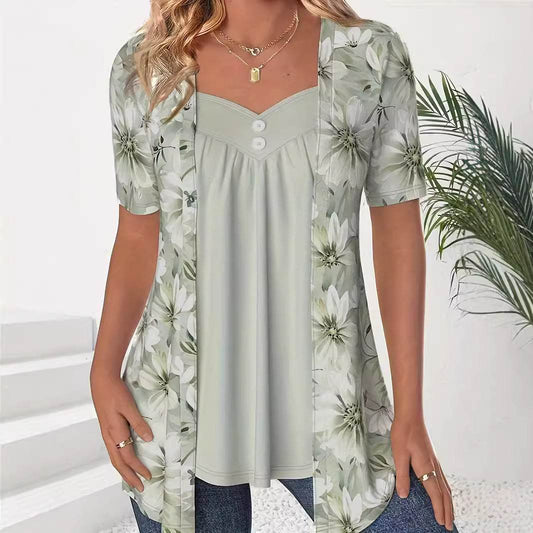 Fake Two Pieces Short Sleeve Printed Fashion Button Top - Velora