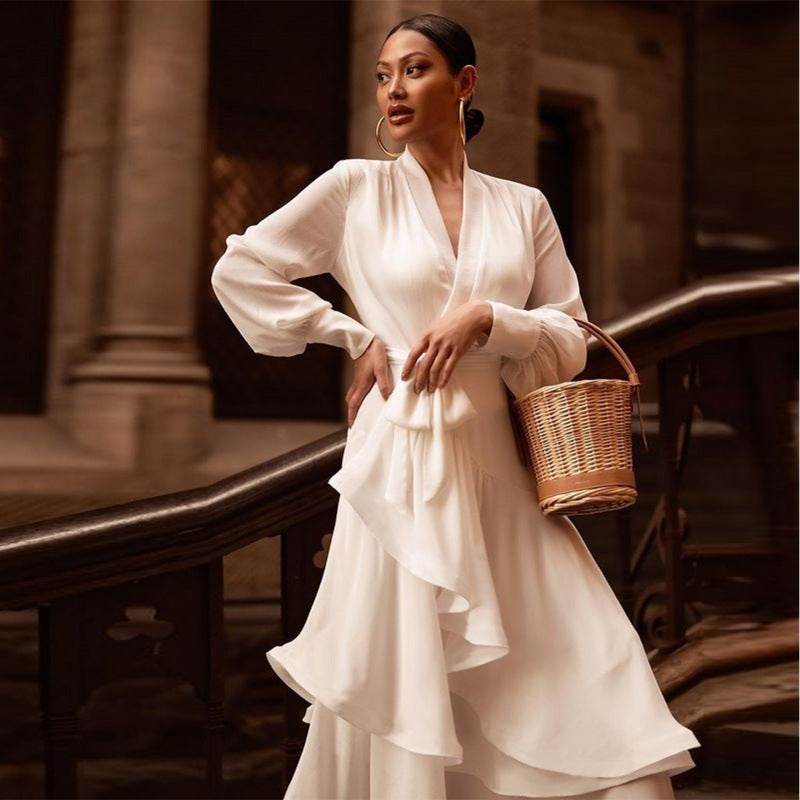 V-neck Prom Dress Long Sleeve Ruffles Long Prom Dress Elegant Dresses For Women White Satin Dress Layered Woman Clothes Casual - Velora