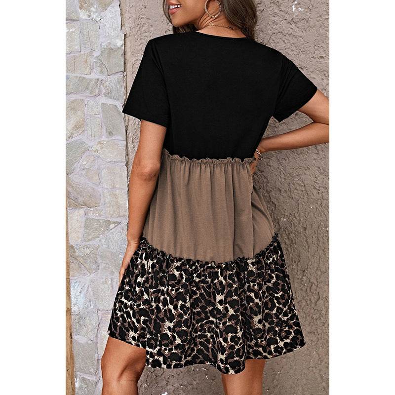 Leopard Print Contrast Stitching Short Sleeves Dress - Velora