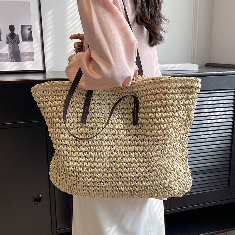 Summer Woven Shoulder Bag Ins Fashion Large Capacity Handbags With Zipper Women's Beach Bags - Velora