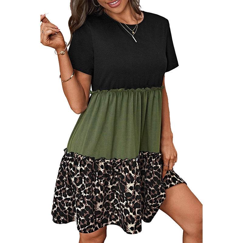 Leopard Print Contrast Stitching Short Sleeves Dress - Velora