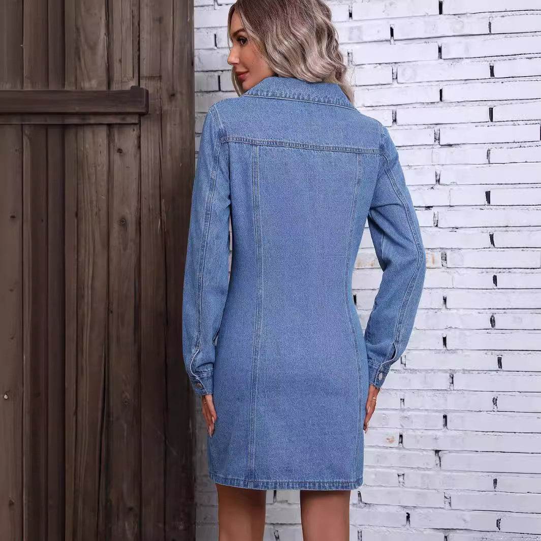 Retro Waist-controlled Slimming Long Sleeve Denim Dress - Velora
