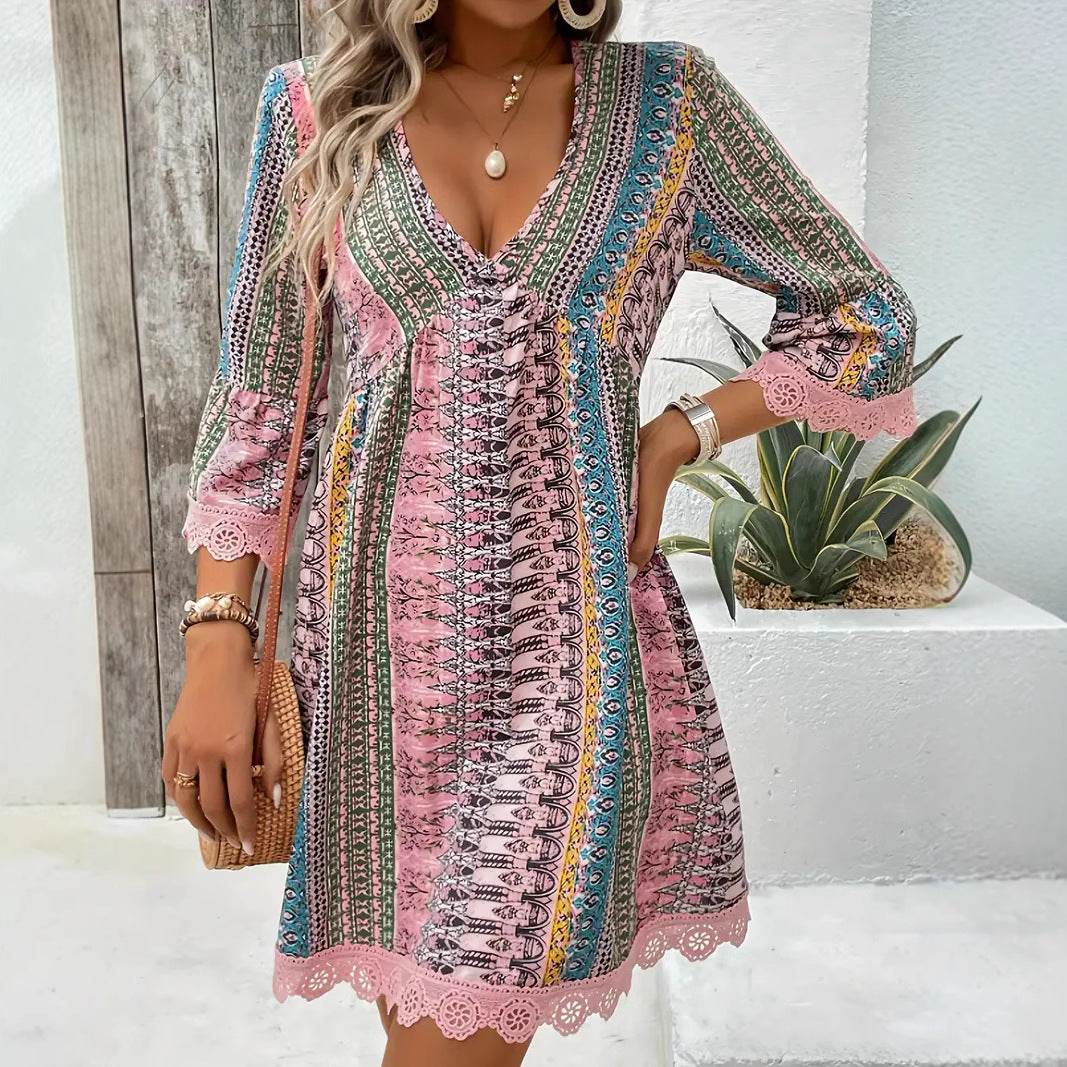Bohemian Style V-neck Printed Dress Fashion Casual Loose Beach Dresses For Women - Velora