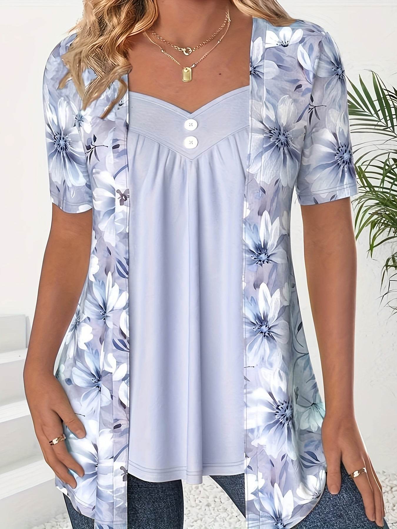 Fake Two Pieces Short Sleeve Printed Fashion Button Top - Velora