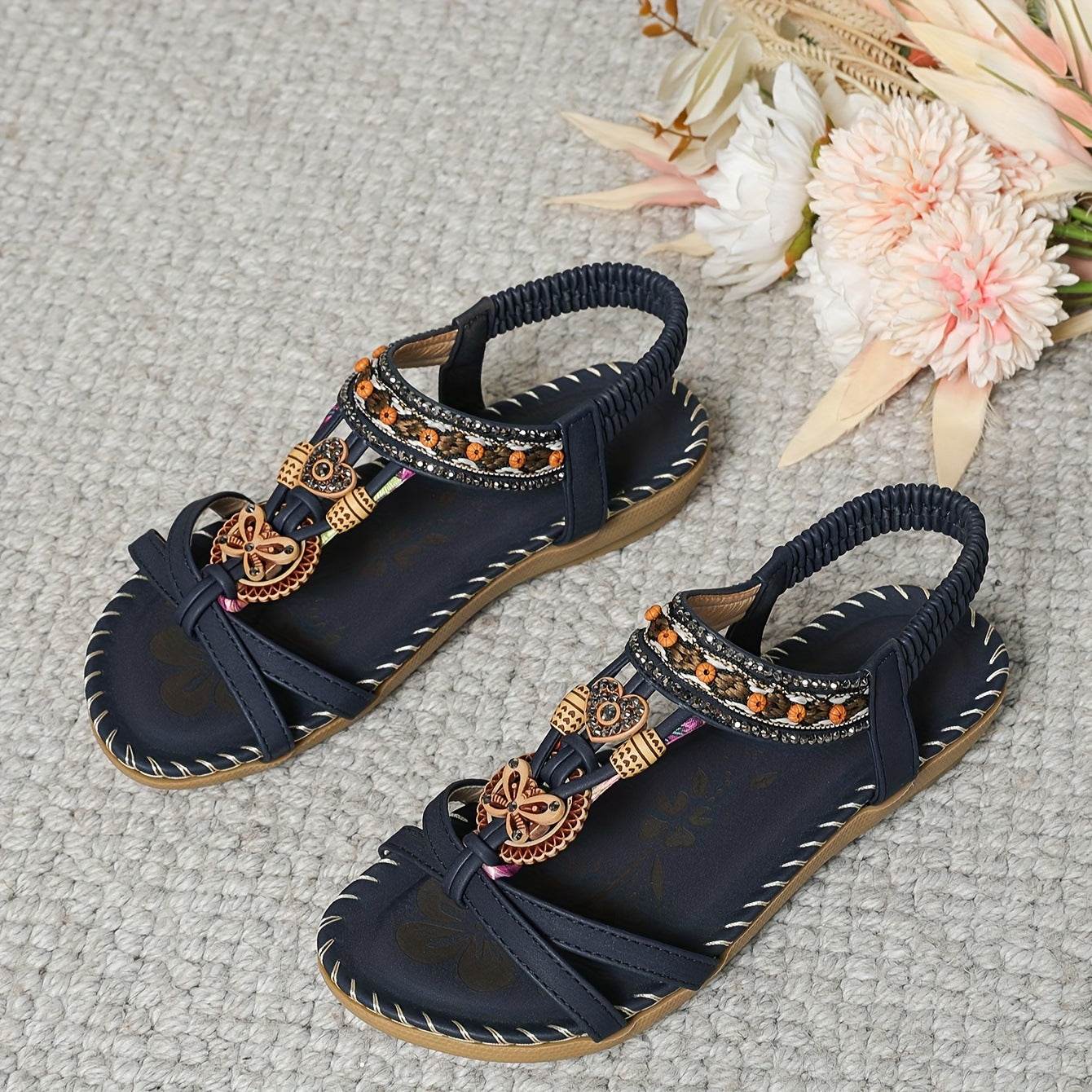 Bohemian Thong Sandals Summer Fashion Flowers Flat Beach Shoes For Women - Velora