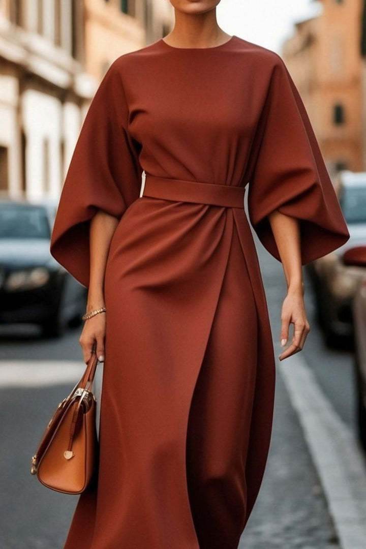 Loose Batwing Sleeve Dress Fashion Waist-tighted Solid Color Elegant Dresses For Women Clothing - Velora