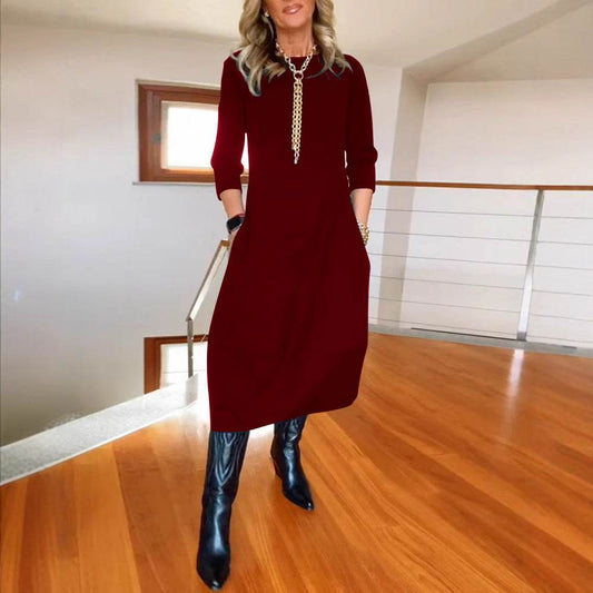 Autumn And Winter New All-matching Solid Color Loose Round-neck Long-sleeved Dress Women - Velora