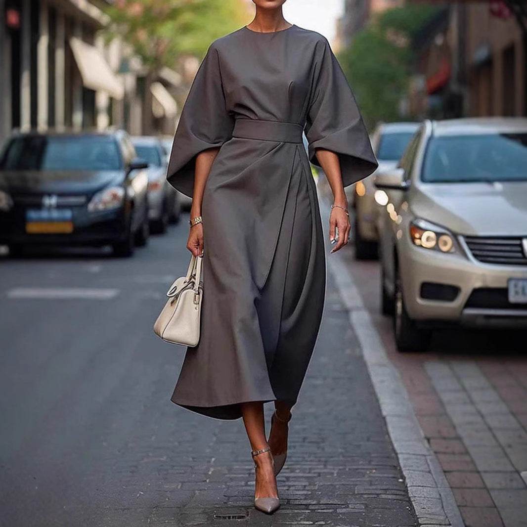 Loose Batwing Sleeve Dress Fashion Waist-tighted Solid Color Elegant Dresses For Women Clothing - Velora