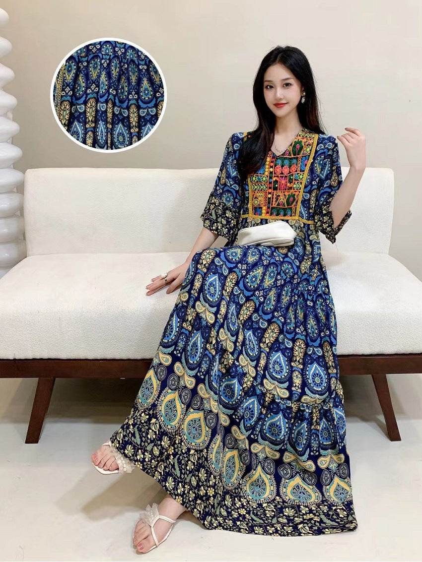 V-neck Embroidery Bell Sleeve Waist Trimming Casual Dress - Velora