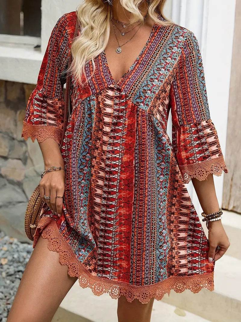 Bohemian Style V-neck Printed Dress Fashion Casual Loose Beach Dresses For Women - Velora