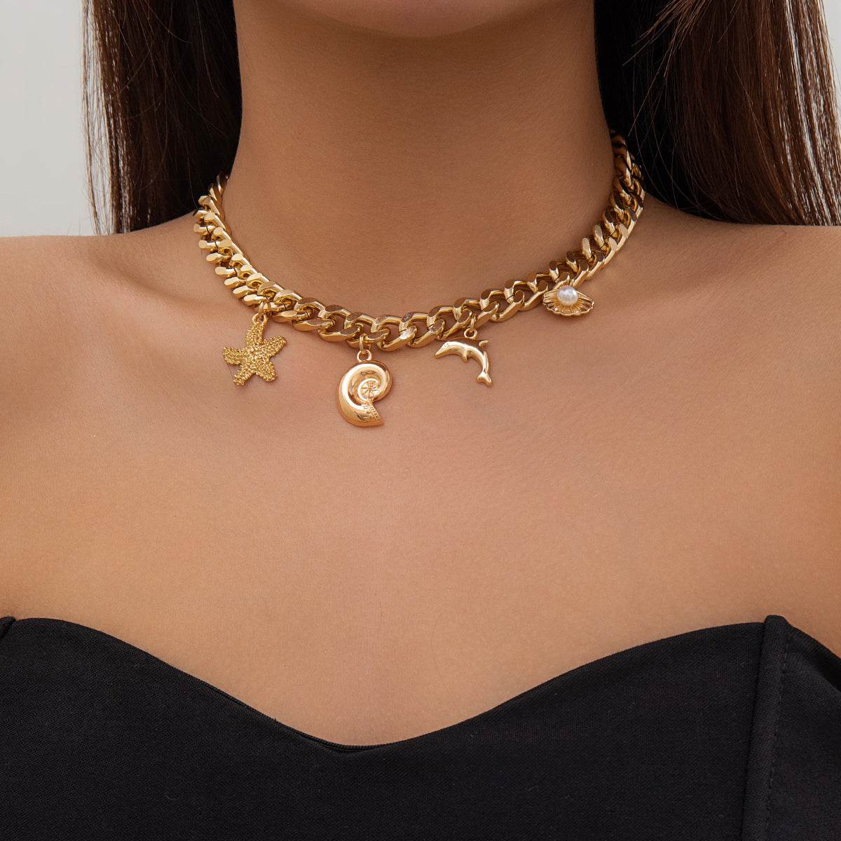 Creative Boho Conch Dolphin Starfish Pendant Choker Necklace Bracelets Women Trendy Vintage Tassel Chain Grunge Jewelry Fashion Jewelry - Velora