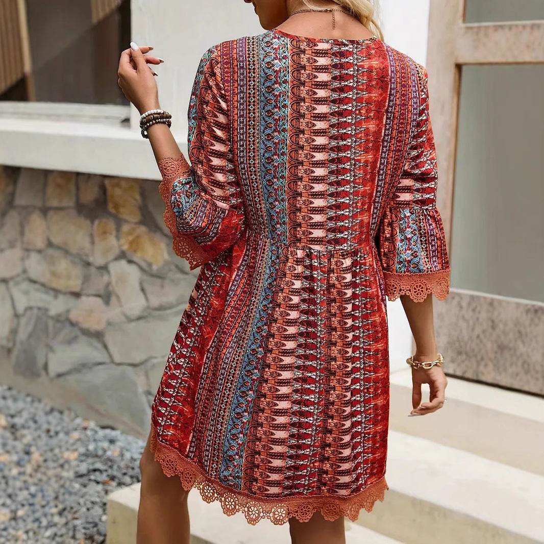 Bohemian Style V-neck Printed Dress Fashion Casual Loose Beach Dresses For Women - Velora