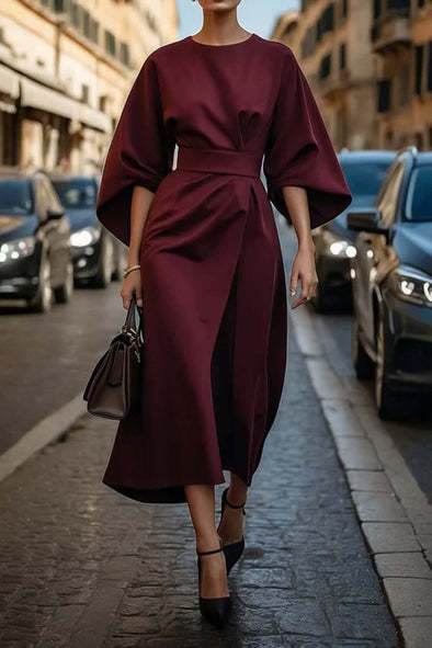 Loose Batwing Sleeve Dress Fashion Waist-tighted Solid Color Elegant Dresses For Women Clothing - Velora