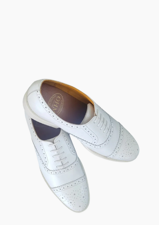 OHM Cap Toe Oxford Perforated Brogue Executive Leather Shoes White - Velora