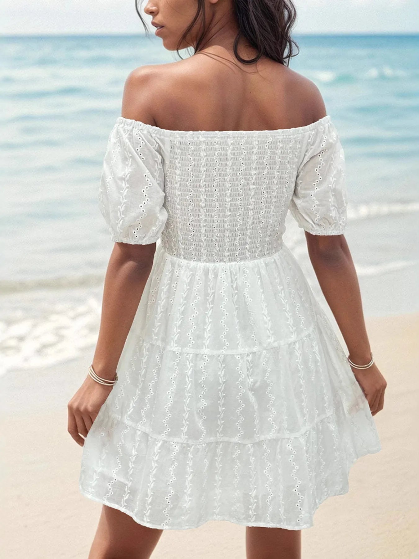 Off-Shoulder Smocked Eyelet Summer Dress - Velora Luxury Fashion