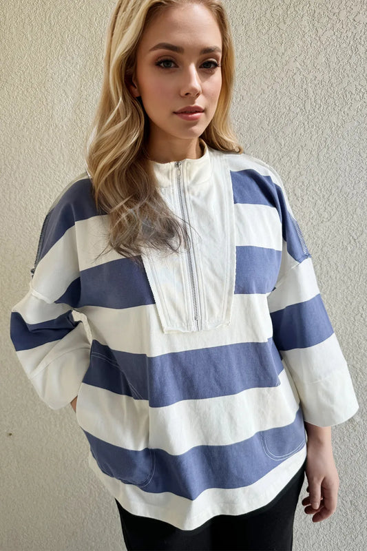 Oh Pima Cotton Wash Striped Half Zip Mock Neck Long Sleeve Top - Velora Luxury Fashion