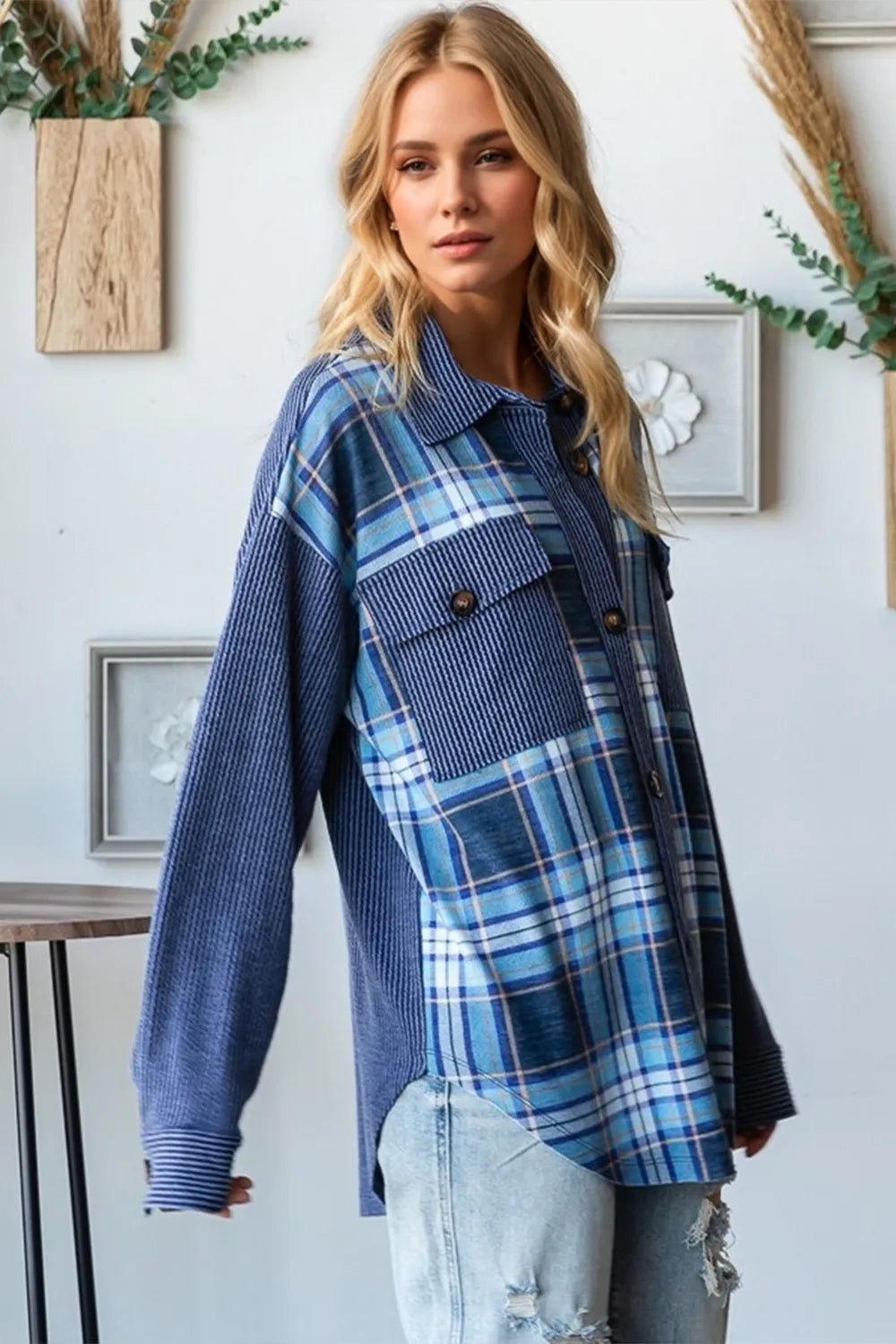 Oh Plaid Button Up Long Sleeve Shacket with Breast Pockets - Velora Luxury Fashion