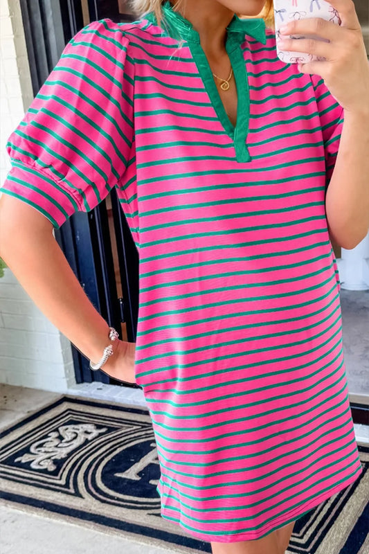 Oh Striped Johnny Collar Puff Sleeve Mini Tee Dress - Velora Luxury Fashion