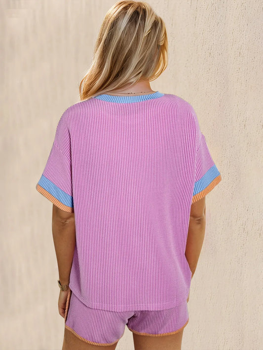 Oh Texture Round Neck Half Sleeve Top and Shorts Set - Velora Luxury Fashion