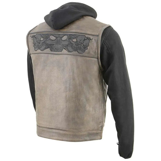 Open Road Men's Skull Hoodie Leather Vest - Velora Luxury Fashion