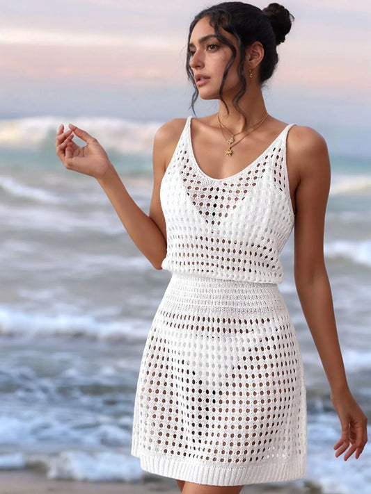 Openwork Sleeveless Knit Cover Up Dress - Velora Luxury Fashion