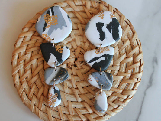 PIEDRA Earrings. White, Black, gold and grey marble swirls, Bold statement Earrings - Velora Luxury Fashion